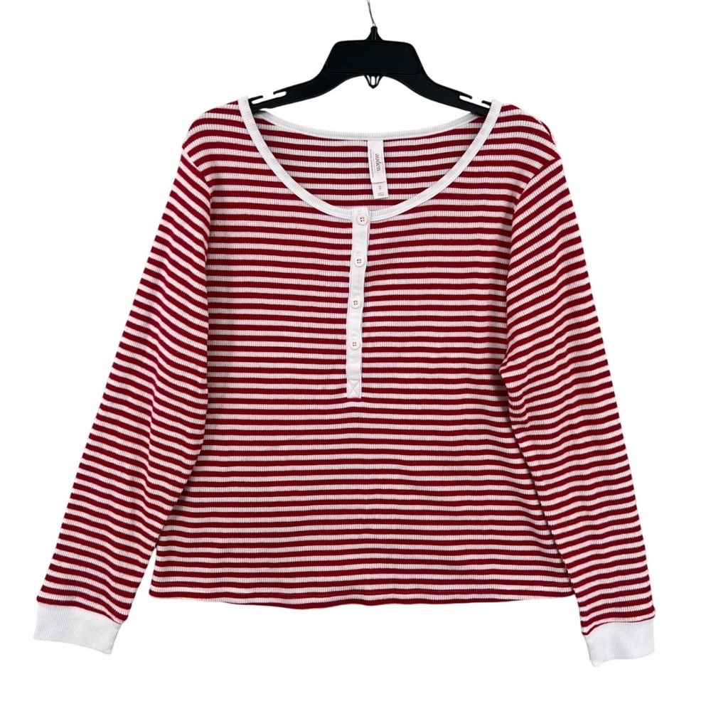 Auden Striped Waffle Knit‎ Thermal Henley Top Size XXL Red White Long Sleeve